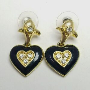 Vintage Avon Dangle Heart Shape Stud Earrings, Gold Tone Rhinestone Setting